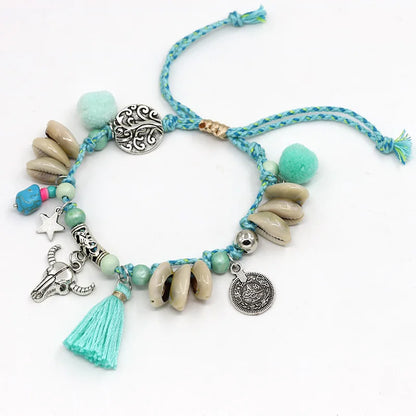 Anklets for Women Girls Jewelry Boho Handmade Colorful Cotton Rope Shell Tassel Alloy Cow Head Pendant Ankle Bracelet