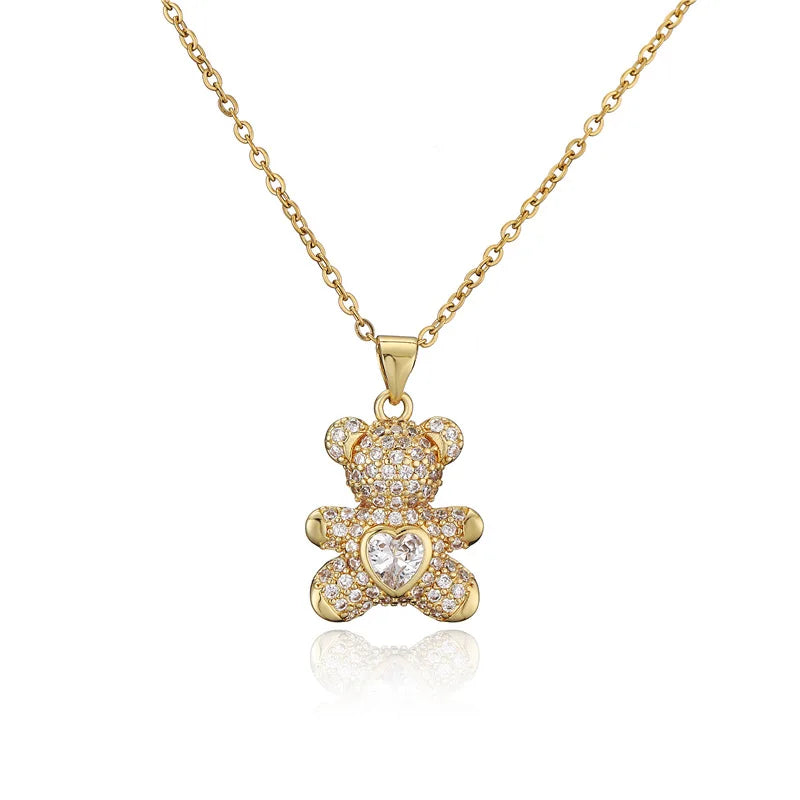 10 Colors Stainless Steel Cute Bear Pendant Necklace Design Pave Setting Zircon Copper Collares Gold-chain Valentine's Day Gift