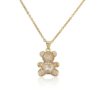 10 Colors Stainless Steel Cute Bear Pendant Necklace Design Pave Setting Zircon Copper Collares Gold-chain Valentine's Day Gift