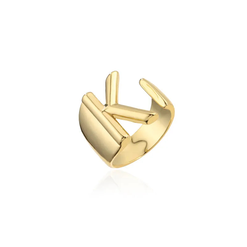 Hollow A-Z Letter Gold Color Metal Adjustable Opening Ring Initials Name Alphabet Female Party Chunky Wide Trendy Jewelry