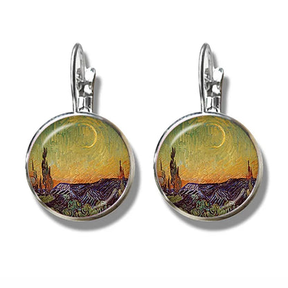 Fashion Van Gogh Art Starry Night Sunflower Earrings 16mm Glass Cabochon Silver-Plated Stud Earrings Jewelry For Women Girls