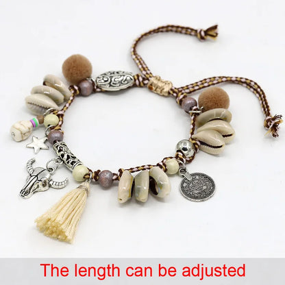 Anklets for Women Girls Jewelry Boho Handmade Colorful Cotton Rope Shell Tassel Alloy Cow Head Pendant Ankle Bracelet