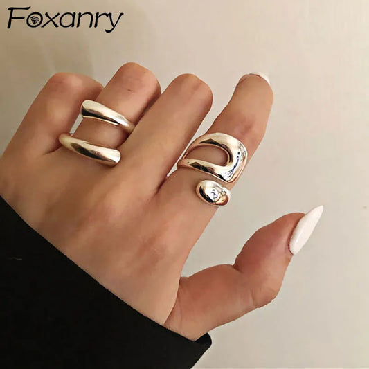 Foxanry Minimalist Silver Color Rings for Women Fashion Creative Hollow Irregular Geometric Birthday Party Jewelry Gifts