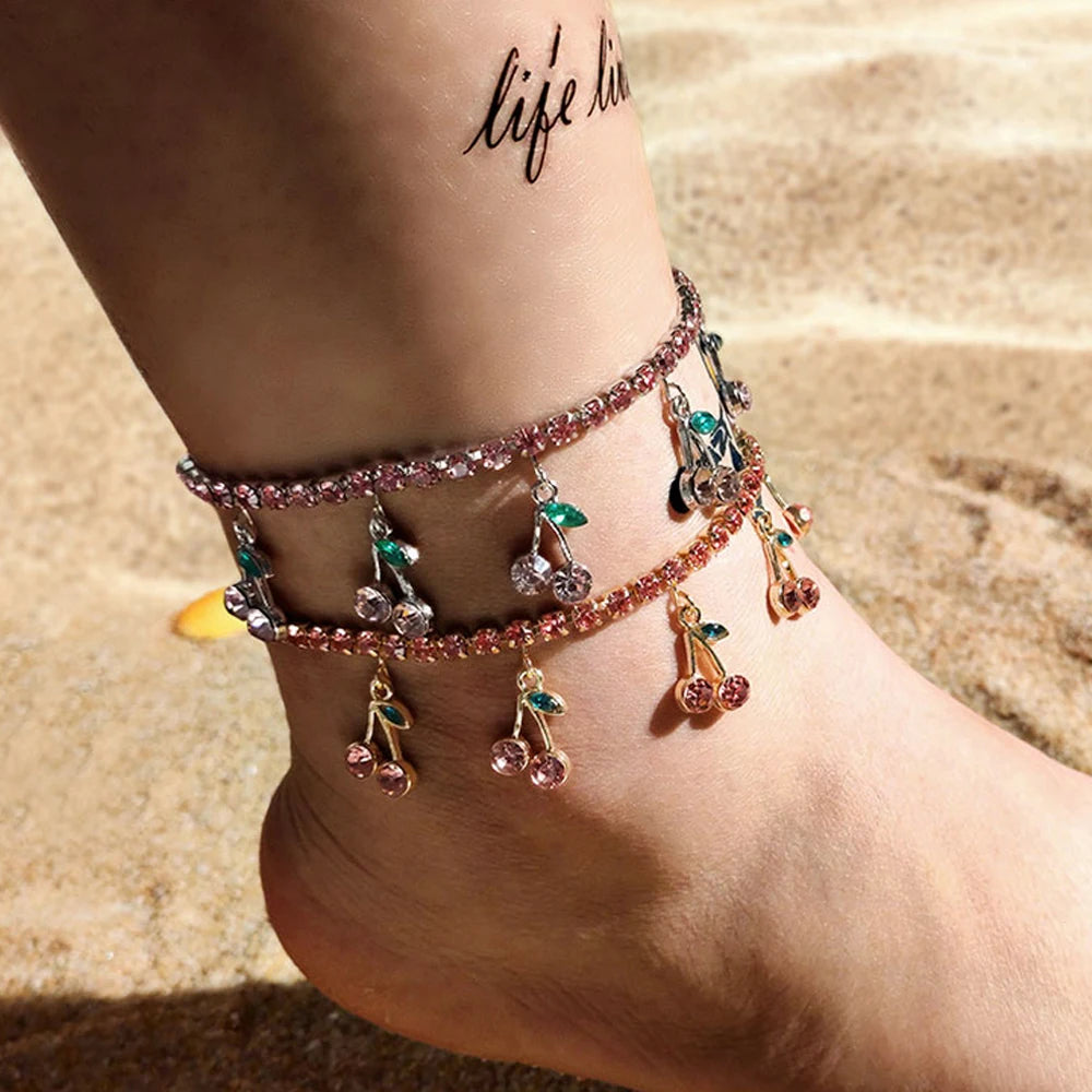 Trendy Red Big Rhinestone Cherry Anklet Bracelet For Women Bling Bling Crystal Fruit Tennis Ankle Chain Punk Party Jewelry Gifts