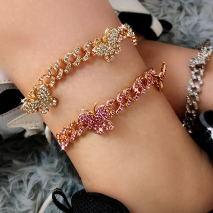 Flatfoosie Iced Out Rhinestone Cuban Link Chain Anklets for Women Punk Hip Hop Crystal Butterfly Ankle Bracelet Barefoot Jewelry