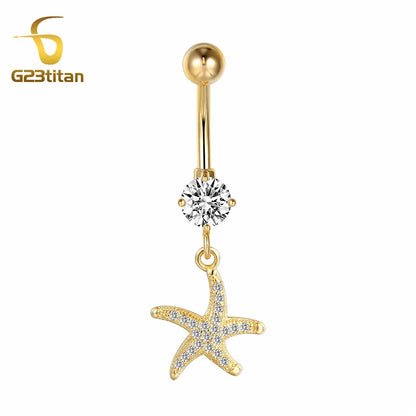 Gold Color Dangle Navel Earring for Women Zircon Pendant Belly Button Ring 14G Surgical Steel Piercing Barbell Body Jewelry