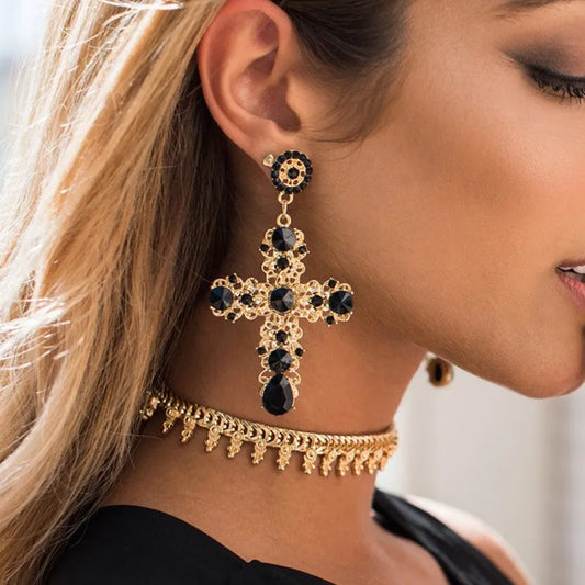 New Arrival Vintage Black Pink Crystal Cross Drop Earrings for Women Baroque Bohemian Large Long Earrings Jewelry Brincos 2023