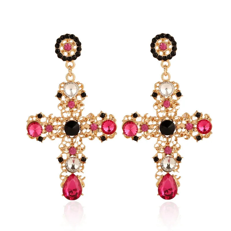 New Arrival Vintage Black Pink Crystal Cross Drop Earrings for Women Baroque Bohemian Large Long Earrings Jewelry Brincos 2023