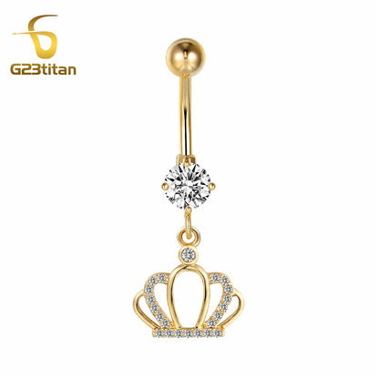 Gold Color Dangle Navel Earring for Women Zircon Pendant Belly Button Ring 14G Surgical Steel Piercing Barbell Body Jewelry