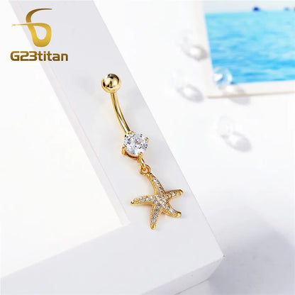 Gold Color Dangle Navel Earring for Women Zircon Pendant Belly Button Ring 14G Surgical Steel Piercing Barbell Body Jewelry