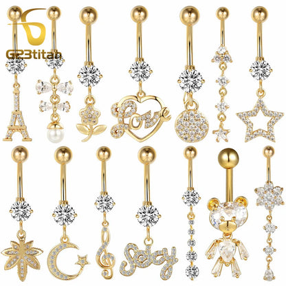 Gold Color Dangle Navel Earring for Women Zircon Pendant Belly Button Ring 14G Surgical Steel Piercing Barbell Body Jewelry