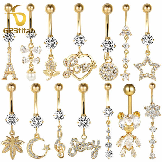 Gold Color Dangle Navel Earring for Women Zircon Pendant Belly Button Ring 14G Surgical Steel Piercing Barbell Body Jewelry