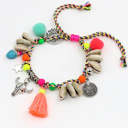 Anklets for Women Girls Jewelry Boho Handmade Colorful Cotton Rope Shell Tassel Alloy Cow Head Pendant Ankle Bracelet