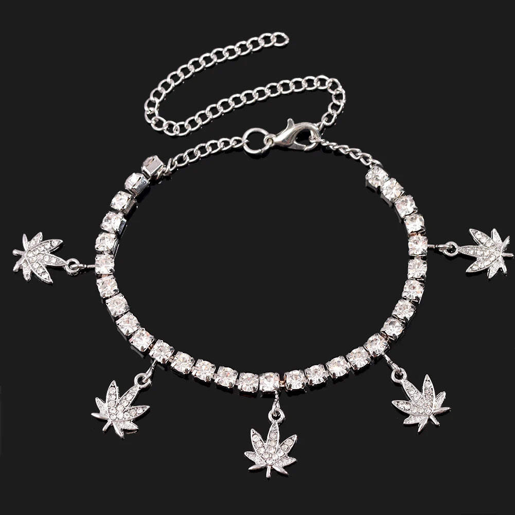 Caraquet Shining Crystal Maple Leaf Anklets for Women Gold Silver Color Full Rhinestone Tennis Chain Ankle Bracelet Jewelry Gift