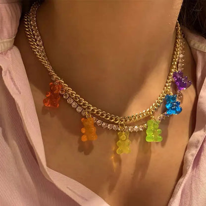 Punk Colorful Gummy Bear Pendant Metal Crystal Choker Necklace for Women Multi-layer Cute Bear Tennis Clavicle Chain New Jewelry