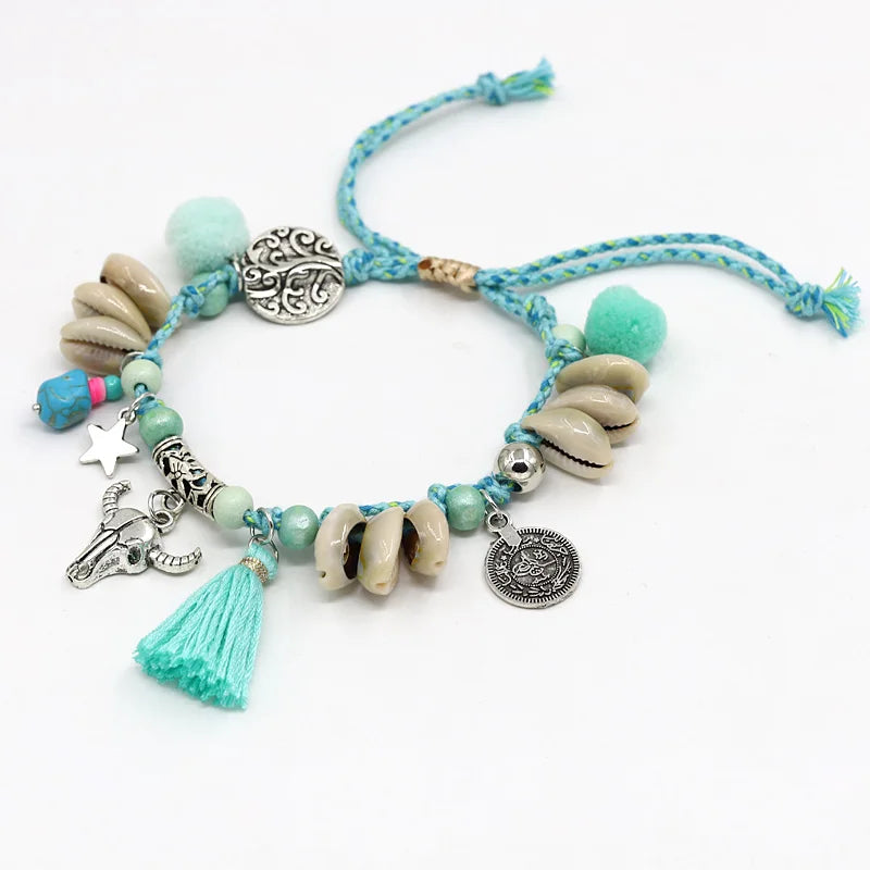 Anklets for Women Girls Jewelry Boho Handmade Colorful Cotton Rope Shell Tassel Alloy Cow Head Pendant Ankle Bracelet