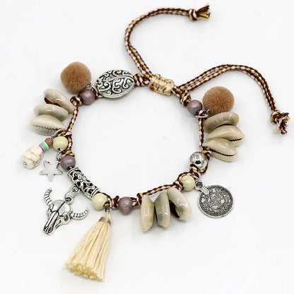 Anklets for Women Girls Jewelry Boho Handmade Colorful Cotton Rope Shell Tassel Alloy Cow Head Pendant Ankle Bracelet