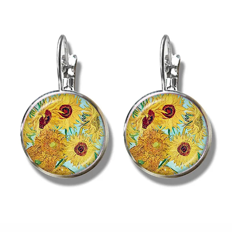 Fashion Van Gogh Art Starry Night Sunflower Earrings 16mm Glass Cabochon Silver-Plated Stud Earrings Jewelry For Women Girls