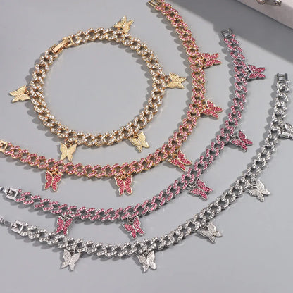 Flatfoosie Iced Out Rhinestone Cuban Link Chain Anklets for Women Punk Hip Hop Crystal Butterfly Ankle Bracelet Barefoot Jewelry