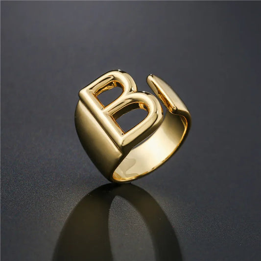 Hollow A-Z Letter Gold Color Metal Adjustable Opening Ring Initials Name Alphabet Female Party Chunky Wide Trendy Jewelry