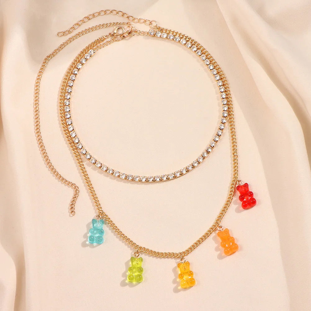 Punk Colorful Gummy Bear Pendant Metal Crystal Choker Necklace for Women Multi-layer Cute Bear Tennis Clavicle Chain New Jewelry