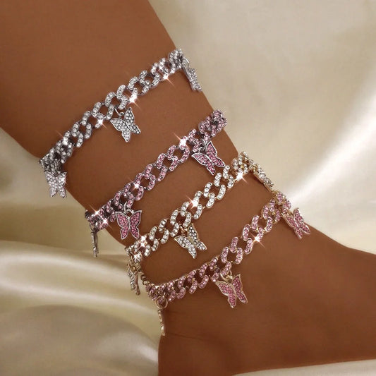 Flatfoosie Iced Out Rhinestone Cuban Link Chain Anklets for Women Punk Hip Hop Crystal Butterfly Ankle Bracelet Barefoot Jewelry