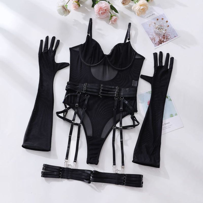 New sexy one-piece bodysuit with gloves and bandage see-through mesh teddy lingerie