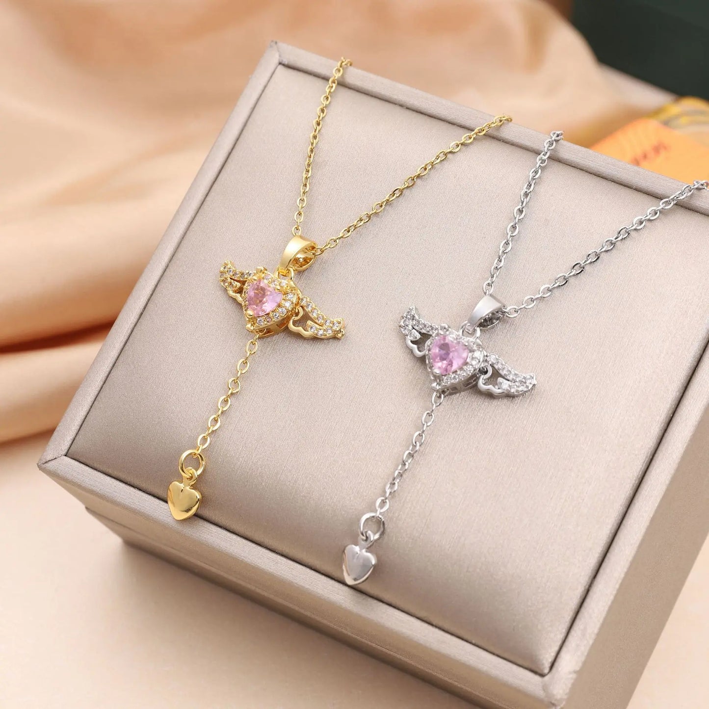 OIMG 316L Stainless Steel Gold Color Cupid Angel's Wings Pendant Necklace For Women Girls Clavicle Chain Party Jewelry Gift