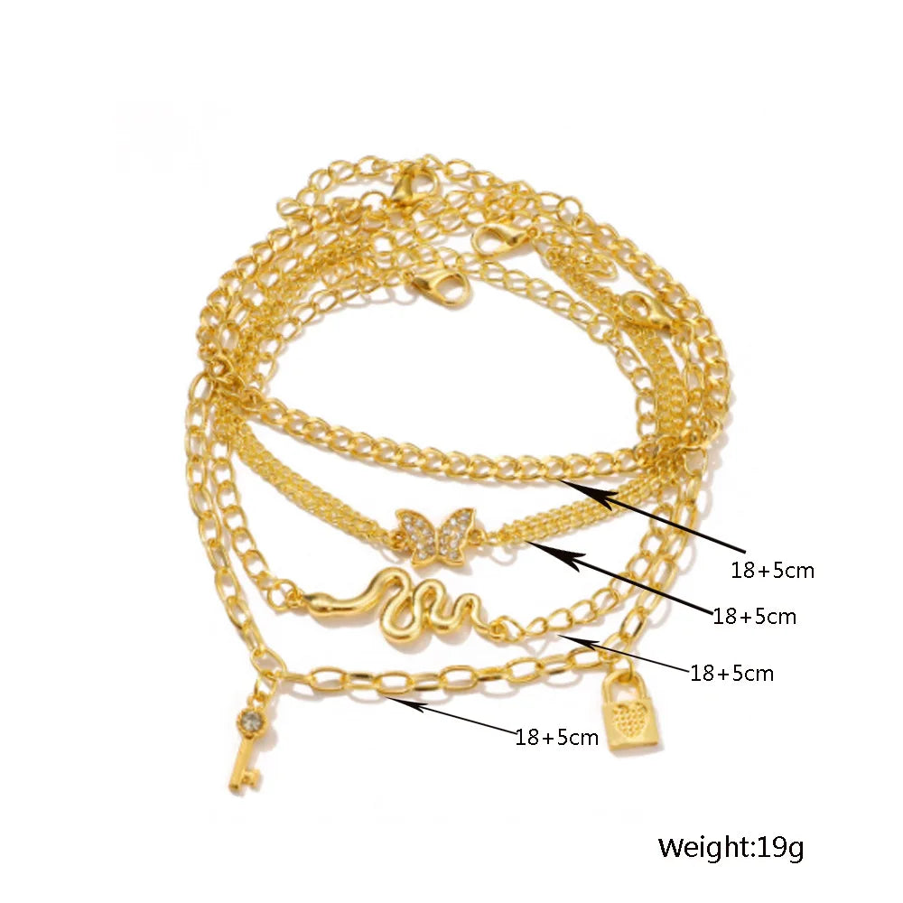 Bohemia Gold Color Snake Ankle Bracelet Set For Women Butterfly Key Lock Charm Anklet Chain On Leg Boho Jewelry Gift