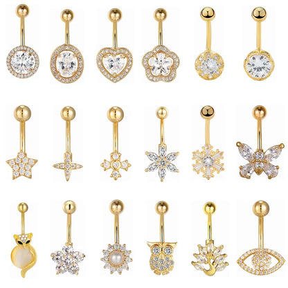 Gold Color Stainless Steel Belly Button Ring CZ Zircon Flower Butterfly Cross Heart 14G 10mm Barbell Navel Piercing Body Jewelry