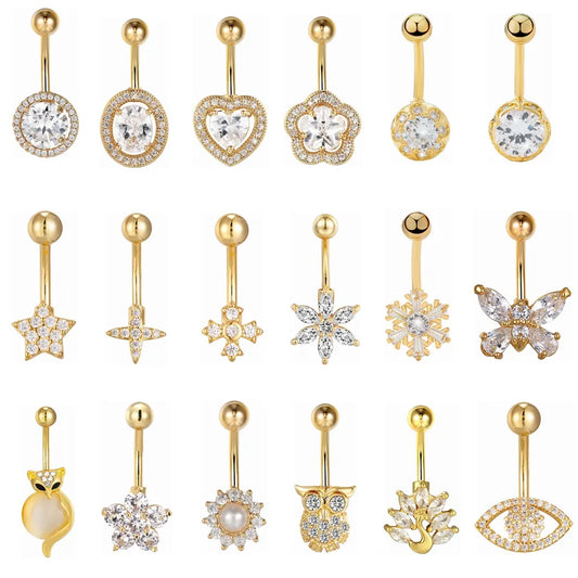 Gold Color Stainless Steel Belly Button Ring CZ Zircon Flower Butterfly Cross Heart 14G 10mm Barbell Navel Piercing Body Jewelry