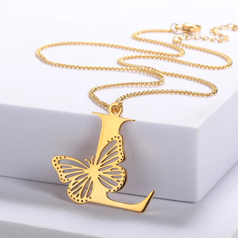 Dainty Big Butterfly Letters Necklaces For Women Girl Jewelry Stainless Steel Chain Initial Pendant Necklace Best Accessories