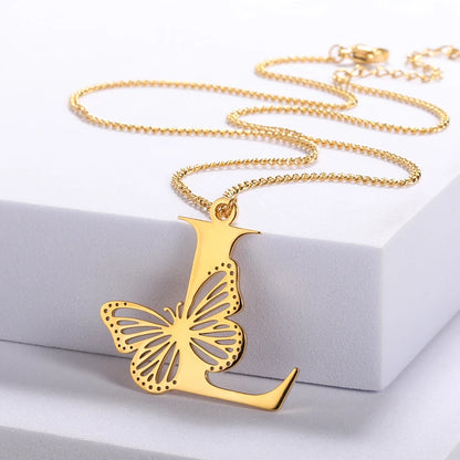 Dainty Big Butterfly Letters Necklaces For Women Girl Jewelry Stainless Steel Chain Initial Pendant Necklace Best Accessories