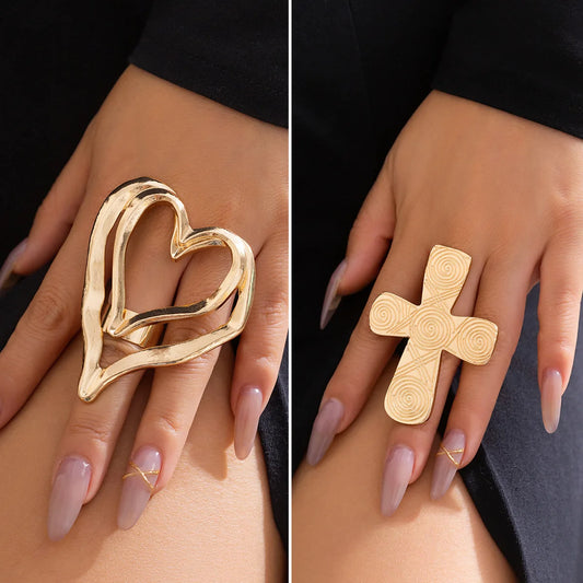 DIEZI Exaggerated Sweet Cool Big Heart Cross Rings For Women Unisex Geometric Gold Silver Color Knuckle Joint Ring 2023 New