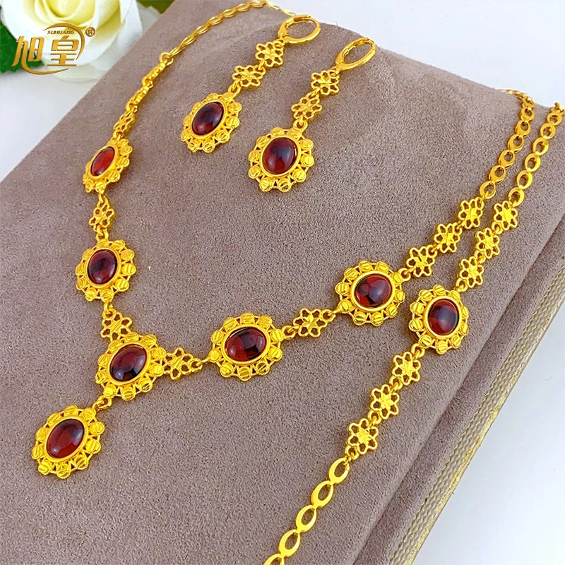 XUHUANG Arabic Cystal Necklace Bracelets Earrings Set for Girl Nigerian Engagement Bride 24k Gold Color Jewelry Sets Party Gifts