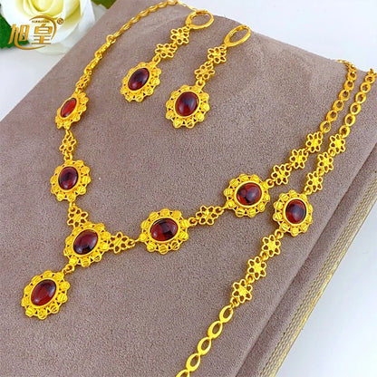 XUHUANG Arabic Cystal Necklace Bracelets Earrings Set for Girl Nigerian Engagement Bride 24k Gold Color Jewelry Sets Party Gifts