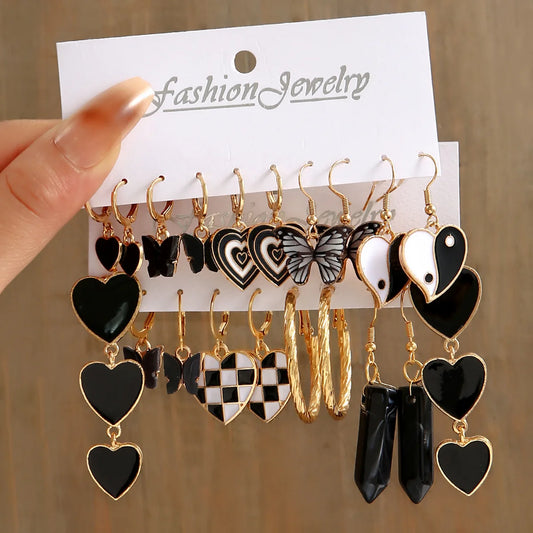 Fashion Black Heart Drop Earrings Set  for Women Chessboard Ladies Love Tai Chi Temperament Earring 2023 Trendy Jewelry Gifts