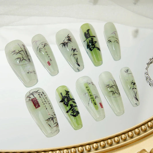 10PCS Long Press on Nails Set Handmade Bamboo Poetry Chinese Acrylic Fake Nails with Glue Reusable Stick on Nails Art