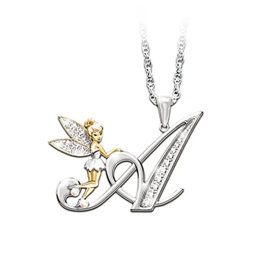 Disney Lovely Crystal 26 Letters Flower Fairy Necklaces Women Fairy Wing Pendant Necklace Jewelry Accessories Halloween Gifts