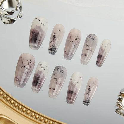 10PCS Long Press on Nails Set Handmade Bamboo Poetry Chinese Acrylic Fake Nails with Glue Reusable Stick on Nails Art