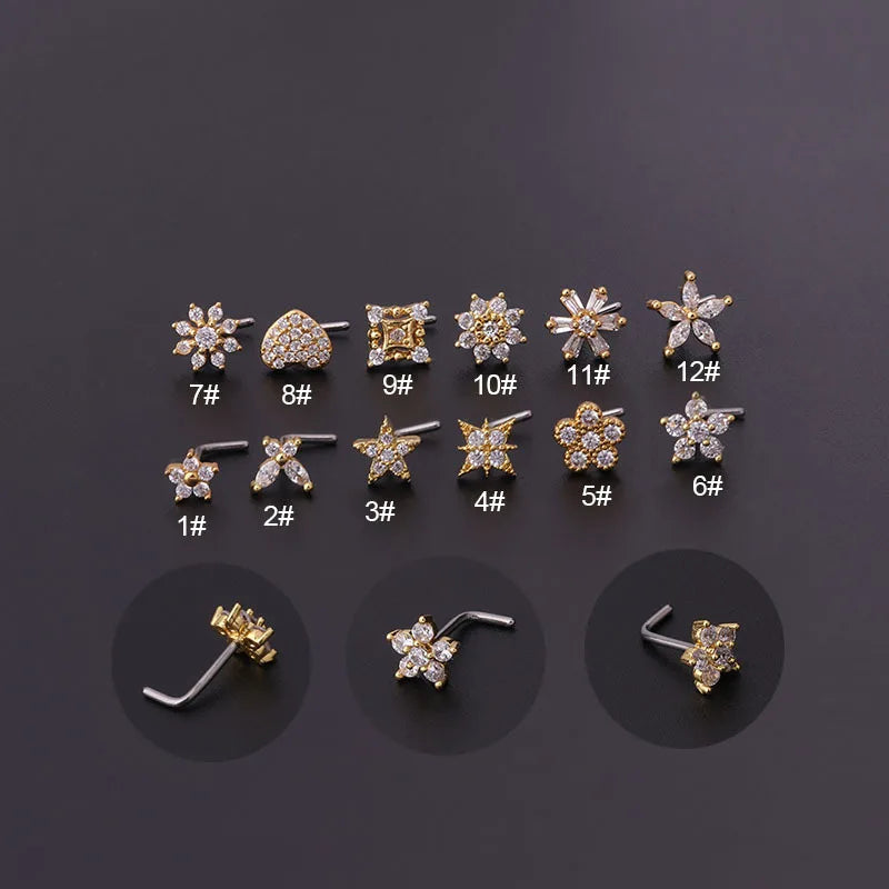 Stainless Steel Small Nose Rings Zircon Flower Heart Nose Stud 20G Body Piercing Jewelry For Women Men Gift