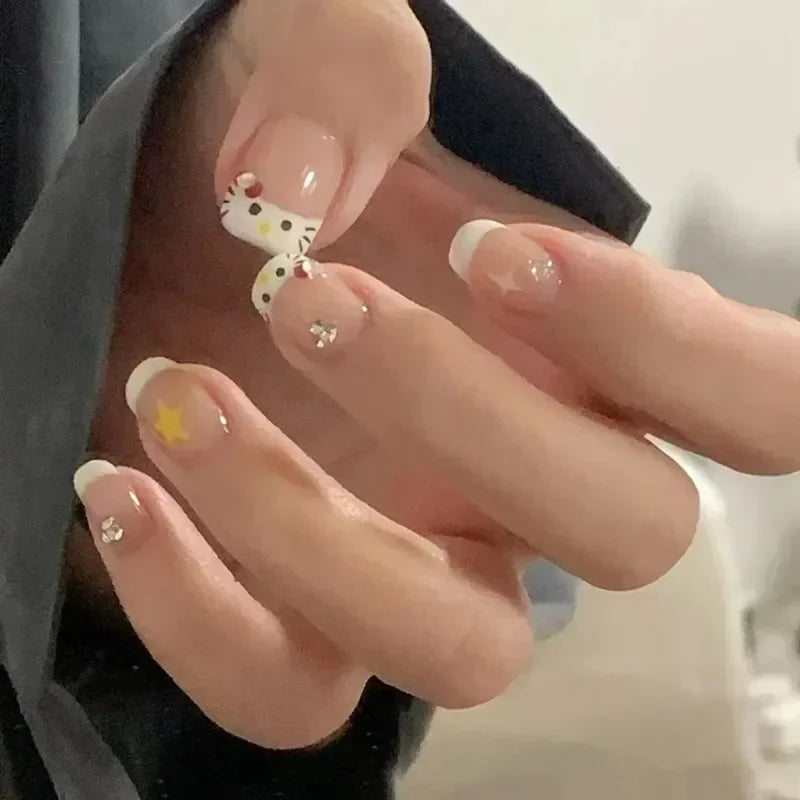 Sanrios Nails Kitty Fresh Cute Korean Fake Nail Tips Girl Wearing Kawaii Short Cartoon Acrylic Press on Nail