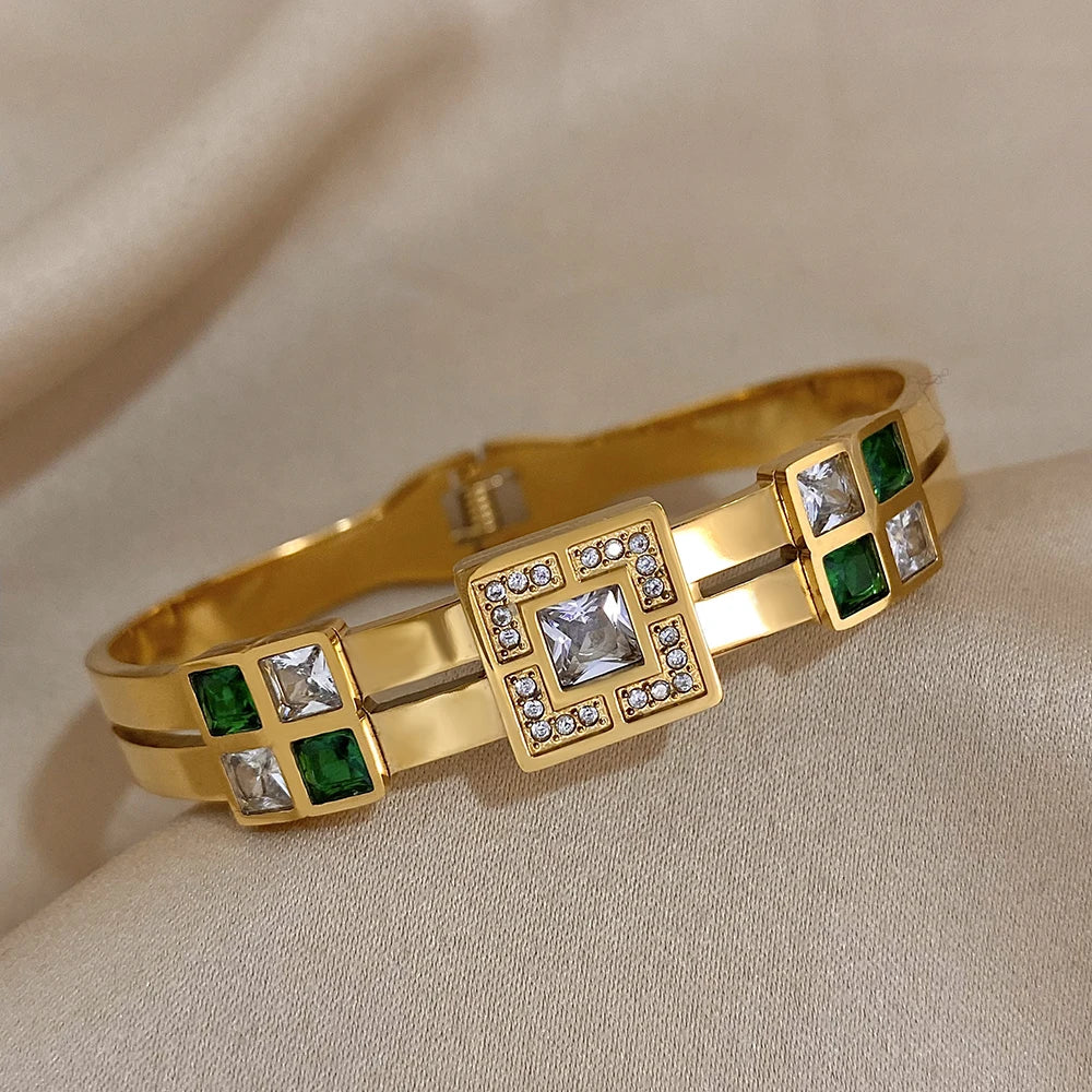 Luxury Royal Emerald Green White Zircon Stainless Steel Bangle Cuff Bracelet Italian Charm Large CZ Waterproof Bangles Jewelry