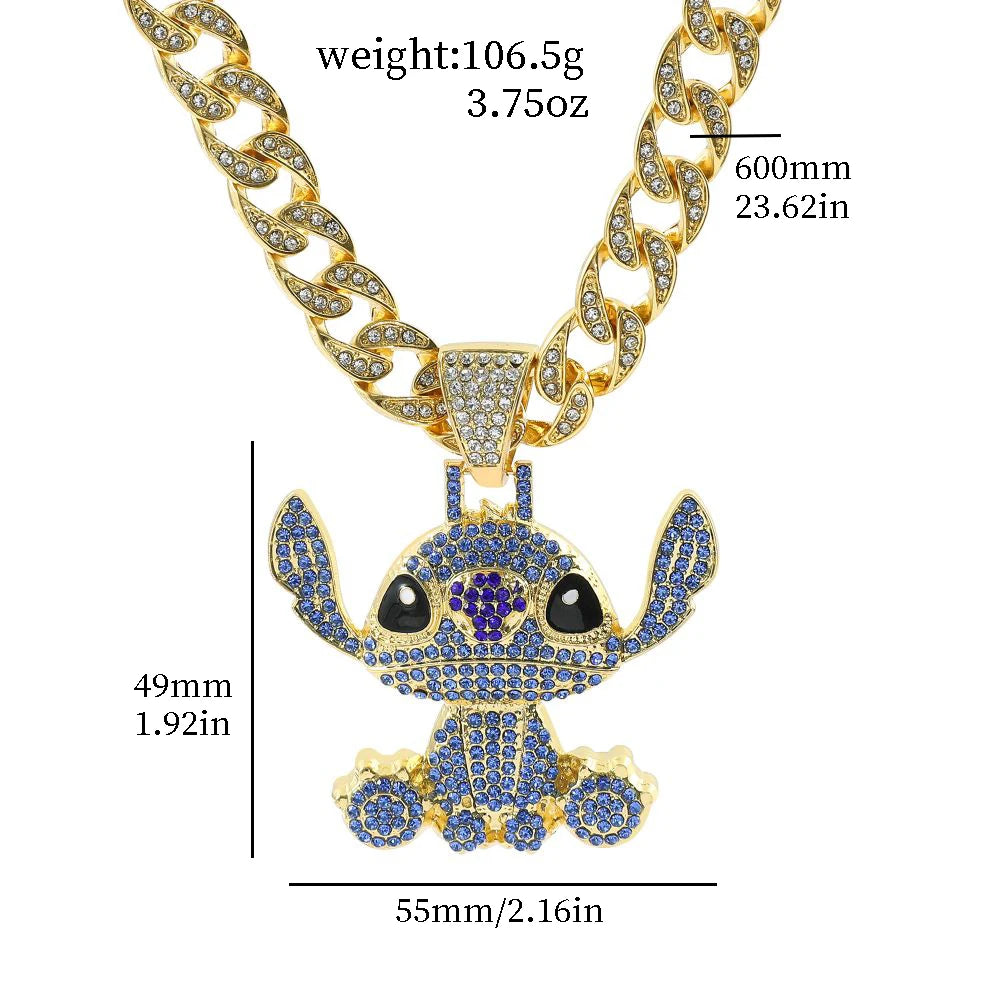 Disney Stitch Full Rhinestones Hip Hop Necklaces Anime Lilo & Stitch Pendant Rock Necklace Fashion Jewelry Neck Chain Gifts