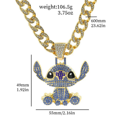 Disney Stitch Full Rhinestones Hip Hop Necklaces Anime Lilo & Stitch Pendant Rock Necklace Fashion Jewelry Neck Chain Gifts