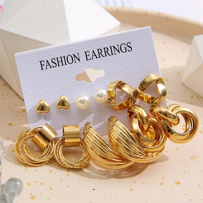 Vintage Gold Plated Earrings Set Metal Pearl Heart Twist Geometric Hollow Hoop Earrings For Woman 2024 Fashion Jewelry Gifts