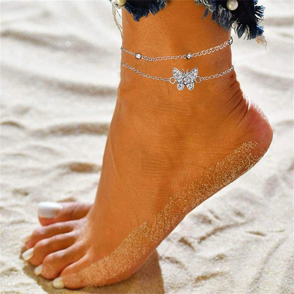 Summer Butterfly Anklet For Women Adjustable Gold Silver Color Layered Foot Ankle Bracelet Girls Beach Party Jewelry