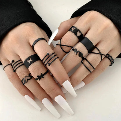 16Pcs/set Punk Finger Rings Minimalist Smooth Gold Color Black Geometric Metal Rings for Women Girls 2022 Trendy Party Jewelry