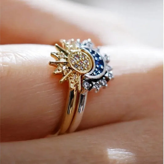 New Adjustable Sun and Moon Overlapping Wear Ring for Women Girls 2024 Sparkling Couple Rings Set Finger Wedding Jewelry Gifts