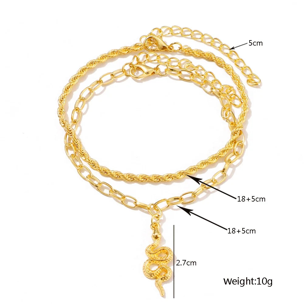 Bohemia Gold Color Snake Ankle Bracelet Set For Women Butterfly Key Lock Charm Anklet Chain On Leg Boho Jewelry Gift